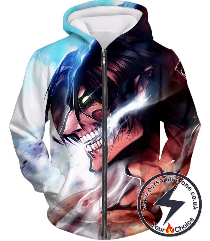 Attack on Titan Titan Form Eren Yeager White Zip Up Hoodie